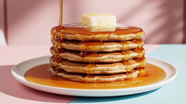 Delicious pancakes stacked with butter and syrup. Breakfast indulgence captured in vibrant colors. Perfect for food lovers and culinary enthusiasts. Enjoy sweet moments with these mouth-watering