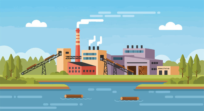 Flat illustration of a lumber mill plant by a river with logs floating nearby
