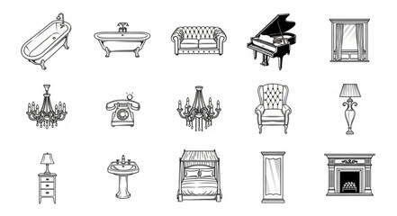 Collection of Vintage Furniture and Home Decor Items Hand Drawn Sketch. © Dolar
