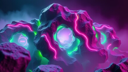 Fototapeta premium Abstract rocky landscape. Neon lights illuminate formations, creating vibrant, futuristic scene. Fog adds mysterious atmosphere.