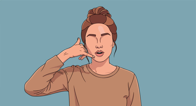 A stylized illustration of a woman making a call-me gesture with her hand