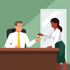 Fototapeta premium A professional woman hands a small key to a male manager sitting at his desk