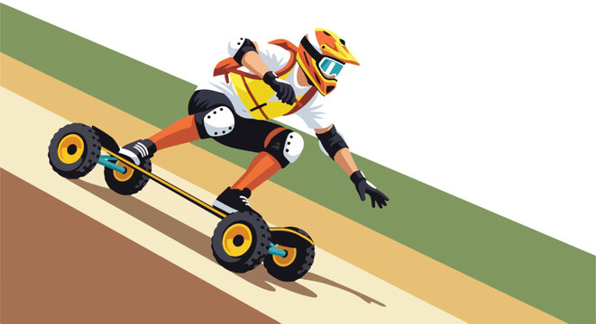 An athlete rides a mountain board down a slope wearing full protective gear