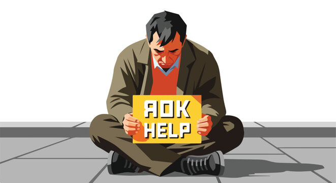 An illustration of a sad man sitting on the ground holding a sign saying help