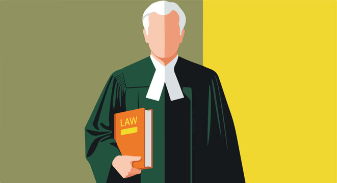 A stylized vector illustration of a judge in robes holding a law book in hand
