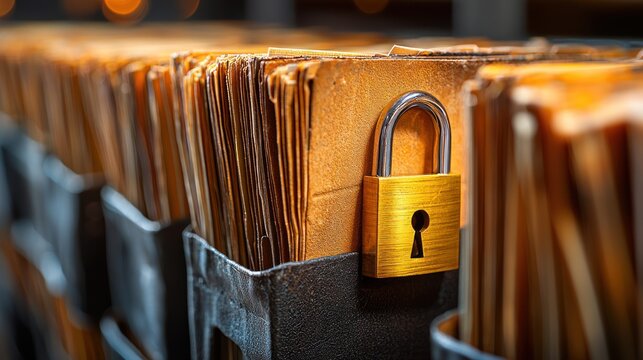 Secured files in metal racks, under bokeh lights