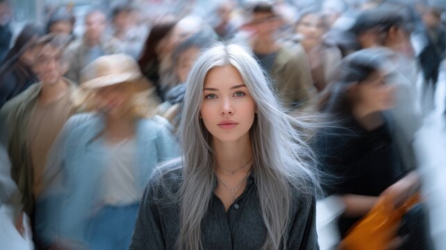 Young woman with grey hair standing out in bustling city crowd, representing individuality and calm amid moving urban life