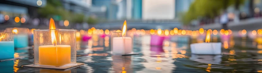 Floating Illuminated Candles Creating Tranquil Atmosphere on Urban Water at Dusk with Warm Lighting and Bokeh Effect © Daeng1010