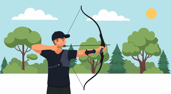 Vector illustration of a man practicing archery in a forest with a bow and arrow, outdoor sports and recreation concept