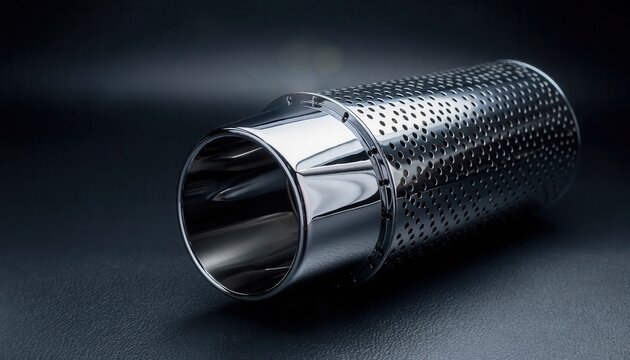 Close-up of a polished chrome car exhaust tip with a perforated metal body on a dark textured surface. High-gloss stainless steel automotive tailpipe part with reflective finish.
