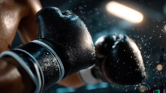 Black boxing gloves colliding with impact dust during an intense sport competition arena in setting