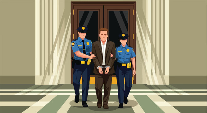 Two police officers escort a handcuffed man in a suit out of a large doorway