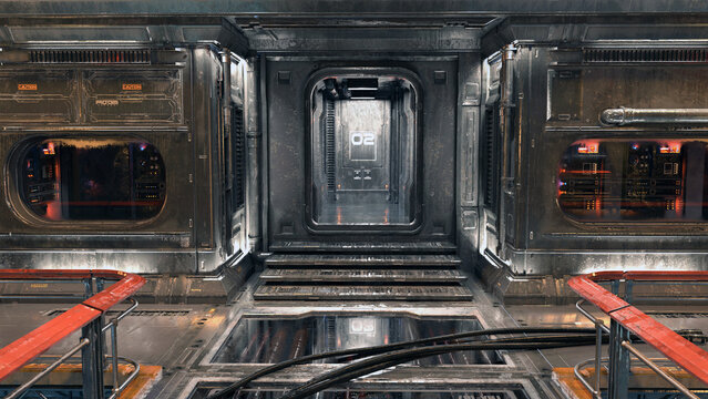 Entrance door to an elevator in a futuristic sci-fi industrial environment. 3D render.