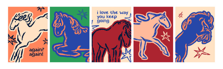Naklejka premium Horse sketches, posters set. Equine animal cards with motivational inspirational phrases. Handdrawn postcard designs, doodle scribble brushstroke drawings. Chalk crayon hand-drawn vector illustrations