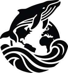 Black silhouette emblem of whale breaching over globe with ocean waves. © jim's Cafe