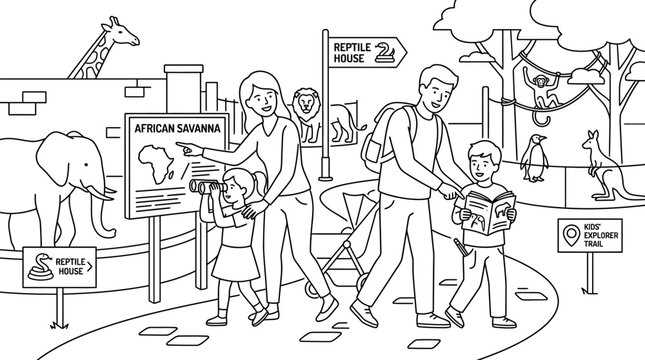A family of four walks through a zoo or wildlife park with educational signs and various animals in the background in a line drawing style with a neutral mood.