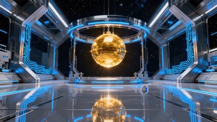 Futuristic room with golden disco ball