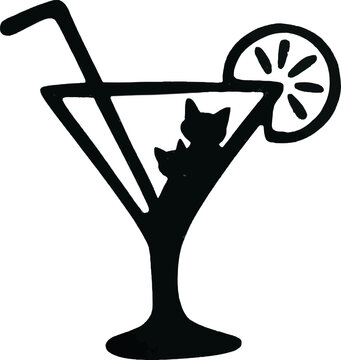 Black cat silhouette in martini glass with straw and lime, abstract drink concept, single pet illustration, transparent background.