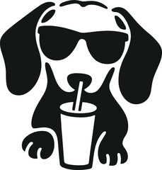 Obraz premium Black dog with sunglasses holds cup and straw enjoying beverage cute pet character vector art summer vibe.