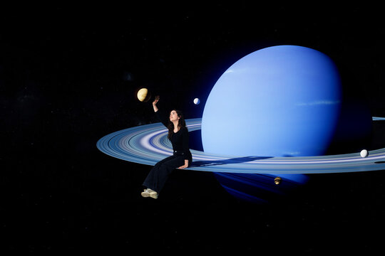 3D woman orbital planet with moon in a floating space scene