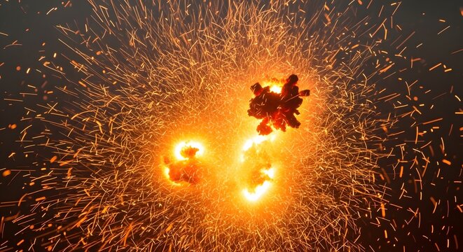 Abstract digital art fiery explosion with glitching effects and distorted visuals