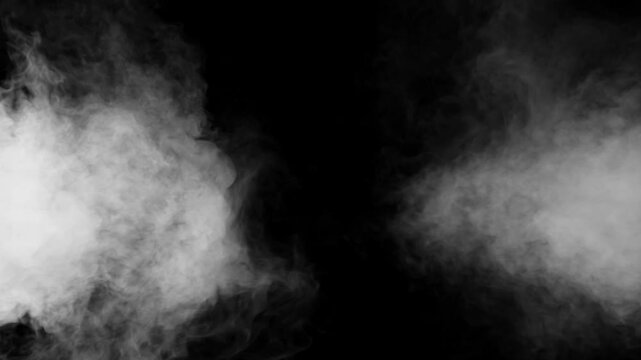 Part 2 Two white smoke clouds colliding and mixing in center on transparent background 4K