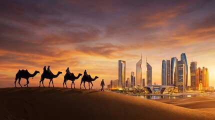 Naklejka premium Camels walking across desert dunes with modern city skyline at sunset.