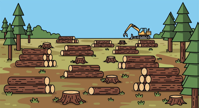 Flat illustration of a deforested area with stacked logs and an excavator machine