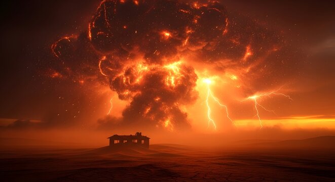Devastating wildfire engulfs landscape a small structure faces imminent threat from raging flames and smoke