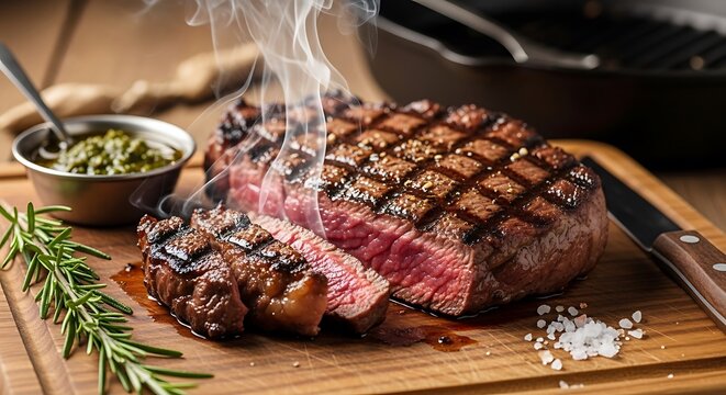 Grilled Steak on Cutting Board.