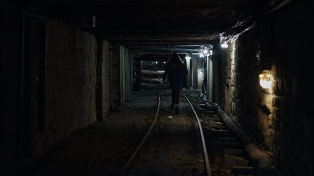 Frightened young woman with curly hair running through a dark, creepy underground mine tunnel