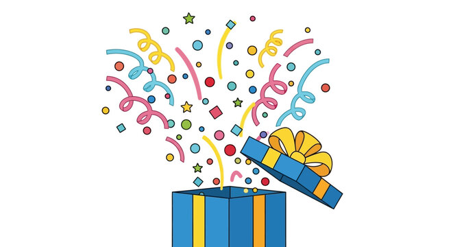 Surprise gift box exploding with colorful confetti and streamers, celebration concept