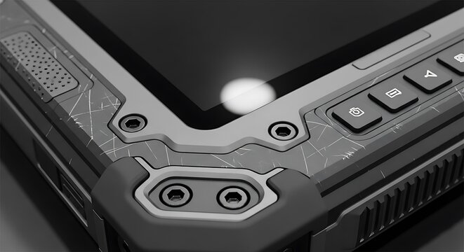 Close up of rugged tablet computer with buttons and ports