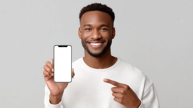 Happy black guy holding smartphone with empty white display, showing new online application service