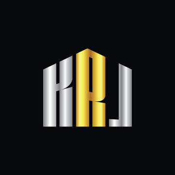 Modern 3D Metallic Letter KRJ Logo Design with Gold and Silver Gradient on Black Background