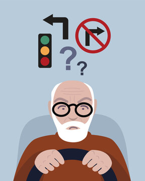 Confused elderly driver, senior man with declined traffic skills.