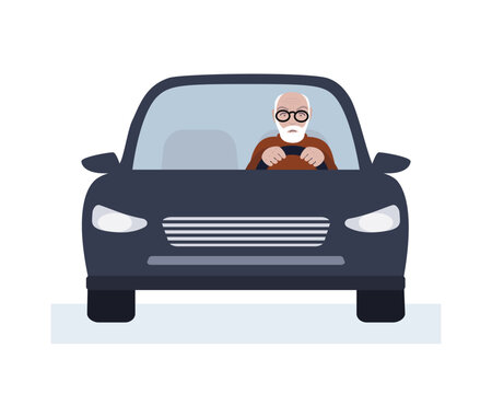 Elderly man driving a car, senior people in traffic.