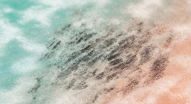 Fabric surface shows dark charcoal powder stains across soft mint and peach.