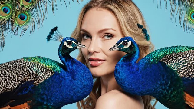 Beautiful woman with peacocks in vibrant colors. Stunning close-up highlights elegance and grace. Captivating atmosphere showcases nature's beauty. Perfect for fashion and wildlife themes.