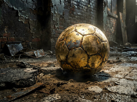 Golden soccer ball in abandoned industrial ruin with debris grunge soccer ball, gold soccer ball