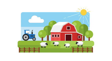 Fototapeta premium Farm Scene with Red Barn, Tractor, Sheep, and Trees Under Sunny Sky