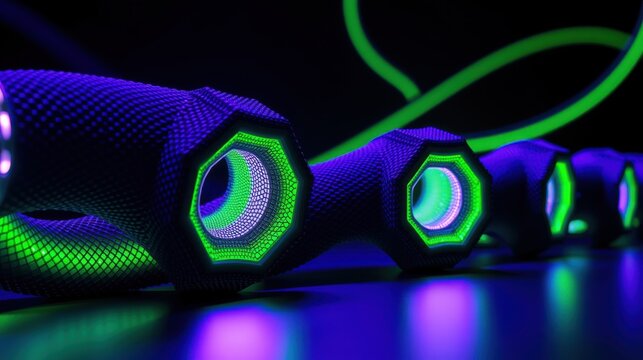 Futuristic purple modules with glowing green circles. Dark background emphasizes vibrant neon lighting, creating sleek design aesthetic.
