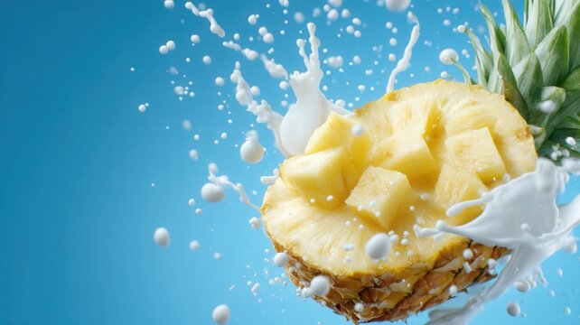 Diced pineapple chunks splashing into refreshing white liquid, creating a dynamic culinary scene