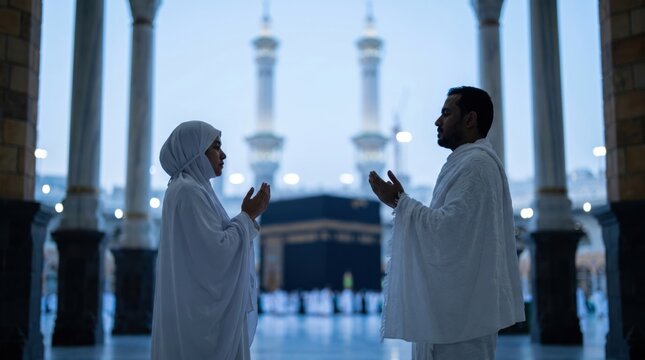 Muslim pilgrims in white ihram attire praying inside the Grand Mosque in Mecca, Saudi Arabia.