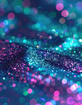 A vibrant and mesmerizing abstract image showcases a dynamic interplay of turquoise, purple, and pink bokeh lights against a shimmering, glittery dark blue surface.
