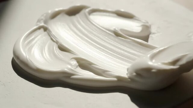 Smooth, creamy substance spread artistically on a white surface with a soft shadow contrast