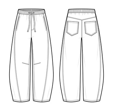 Barrel Leg Pants with Patch Pockets Fashion Illustration. Unisex Trousers Vector Template. Front and Back View. Elastic Waist Drawstring. Relaxed Fit. Minimal Design. CAD Mockup Set.