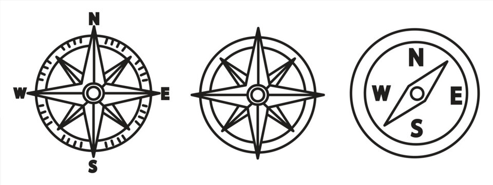 Simple compass line icon set, wind rose compass symbol, can be used for websites, logos, apps, templates, and UI design. Vector illustration.