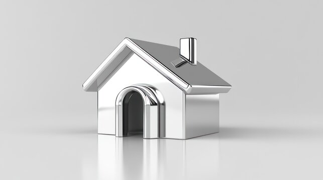 3D Silver House Icon on White Background for Real Estate