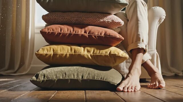 Cozy living room scene with stacked pillows. Person relaxes barefoot in natural light. Soft colors create warm atmosphere for comfort and relaxation.
